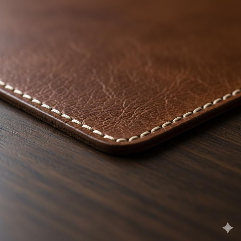 May include: A brown leather item with a textured surface and rounded corners, featuring visible cream-colored stitching along the edge. The material has a natural grain pattern and a smooth, finished border, showcasing the detail of the construction.