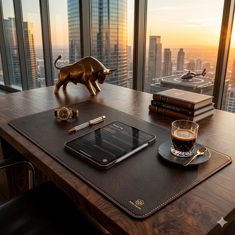 May include: A dark brown leather desk mat with gold stitching and a logo, featuring a bronze bull statue, a wristwatch, a silver pen, a tablet, a glass of dark liquid on a coaster with a gold spoon, and three stacked books on a wooden desk.