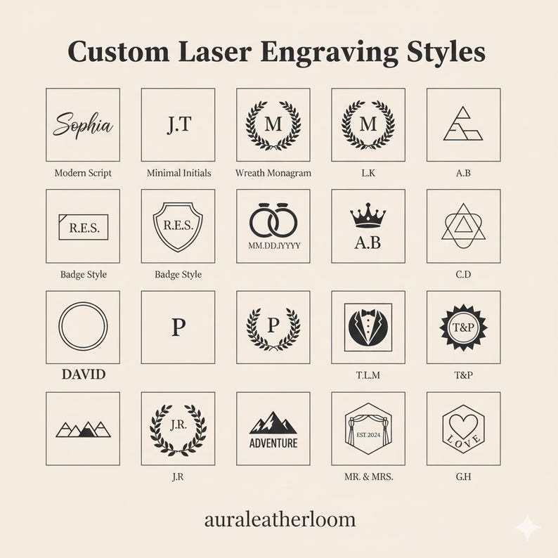 May include: A grid of twenty black laser engraving style options on a light background, labeled Custom Laser Engraving Styles. Designs include initials, monograms, wreaths, crowns, mountains, hearts, and text like Sophia, David, and Adventure.