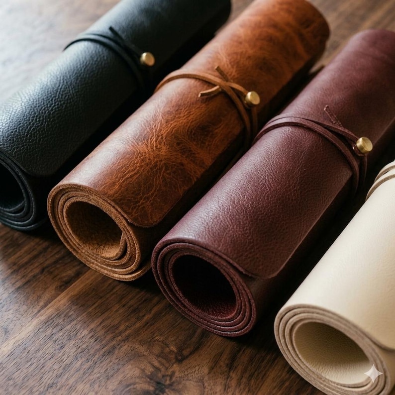 May include: Four cylindrical leather rolls in black, tan, dark brown, and cream. Each roll is secured with a thin leather cord wrapped around the center and fastened with a small, round, metallic button closure on the exterior surface.
