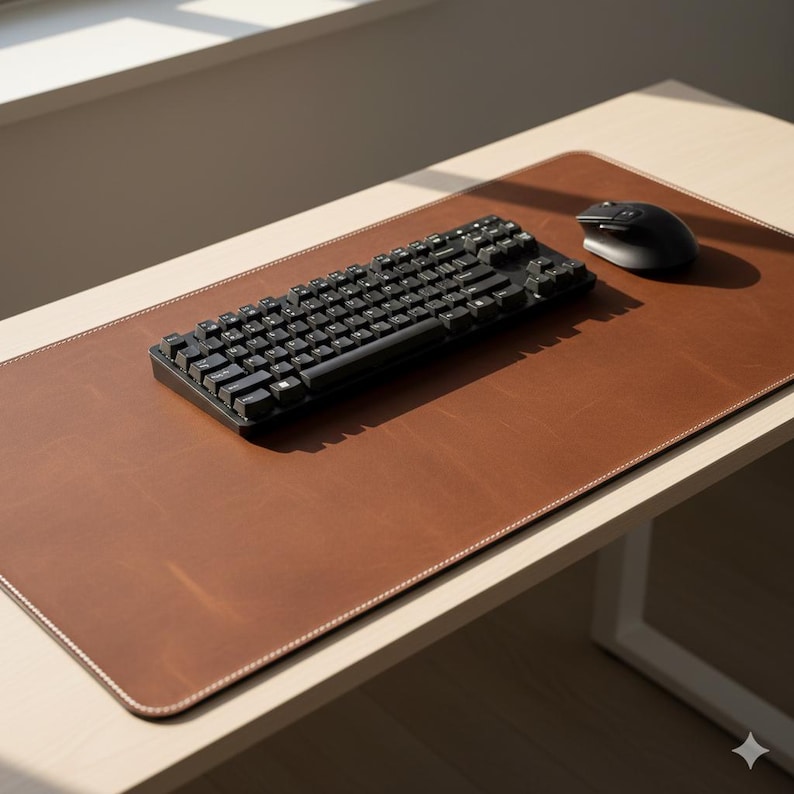 May include: A large rectangular brown leather desk mat with white stitched edges. A black mechanical keyboard and a black wireless computer mouse are placed on top of the mat, which features a smooth surface and rounded corners.