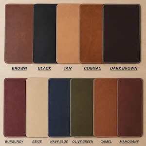 May include: A color palette chart displaying eleven rectangular leather-like swatches with rounded corners and stitched edges. The colors are labeled as Brown, Black, Tan, Cognac, Dark Brown, Burgundy, Beige, Navy Blue, Olive Green, Camel, and Mahogany.