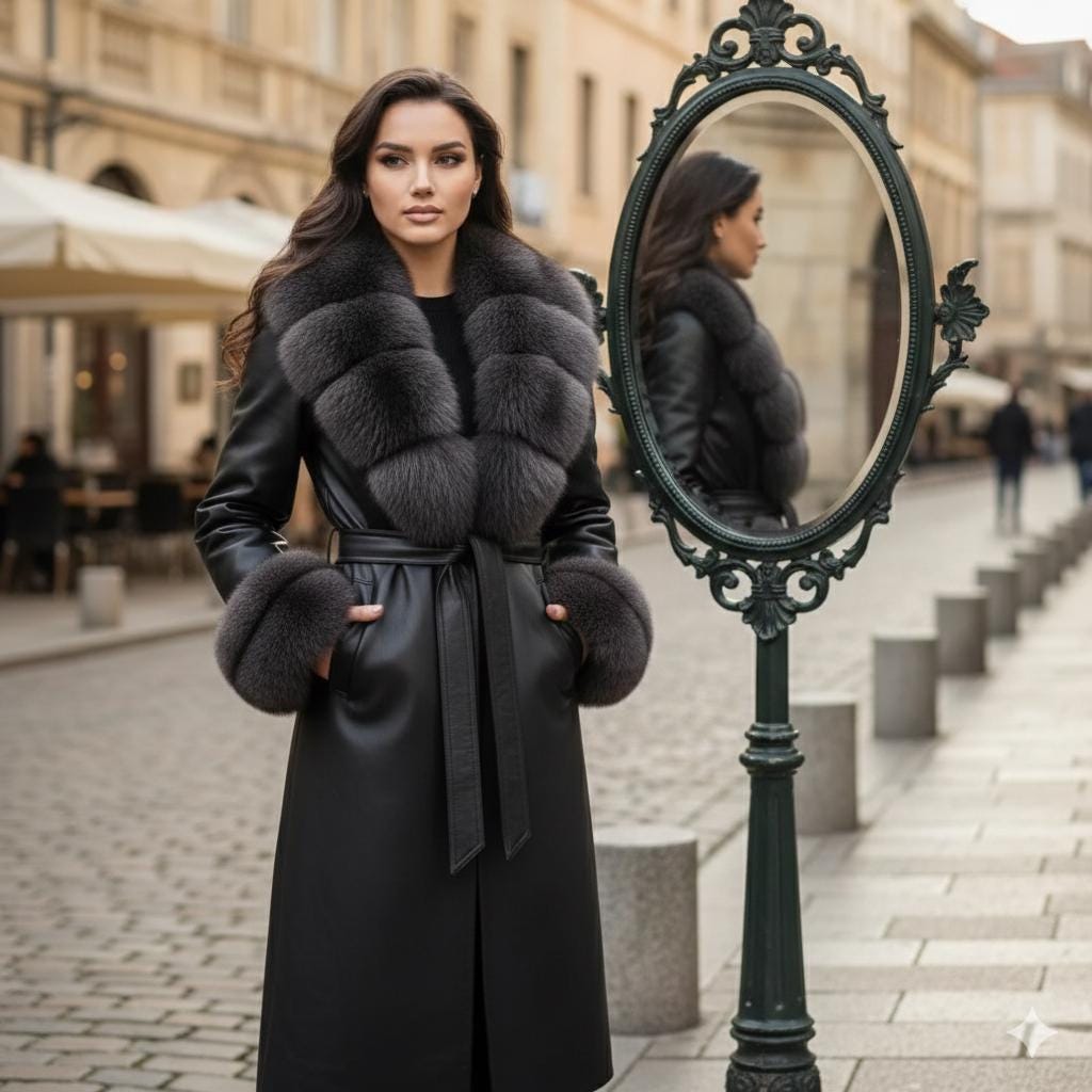Handmade Black Leather Trench Coat Fur Collar Winter Jacket