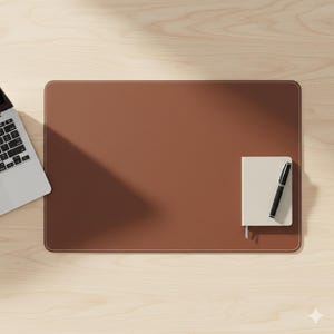 May include: A rectangular brown desk mat with rounded corners and white stitched edges. A silver laptop is positioned on the left side, while a small cream-colored notebook with a black pen rests on the right side of the mat.