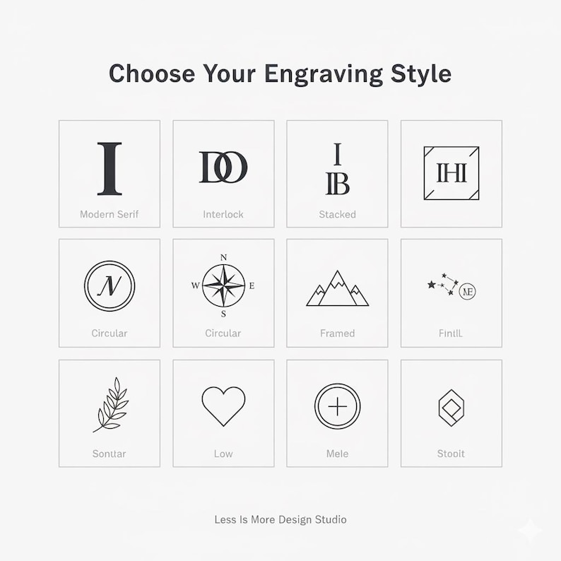 May include: A grid of twelve black and white engraving style options labeled Choose Your Engraving Style. Designs include letters, a compass, mountains, stars, a leaf, a heart, and geometric shapes. Less Is More Design Studio is at the bottom.