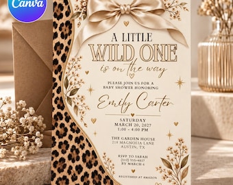 Convite para Chá de Bebê com Estampa de Leopardo, Um Pequeno Selvagem Está a Caminho, Modelo para Canva com Laço Dourado Neutro