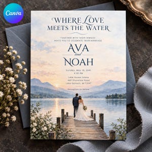 May include: A wedding invitation card featuring a sunset lake landscape with a couple standing on a wooden pier. The text reads: WHERE LOVE MEETS THE WATER, TOGETHER WITH THEIR FAMILIES, AVA and NOAH, Sunday, May 19, 2041, 4:30 PM, Lake House Estate.