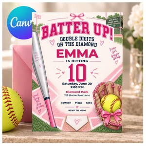 Girls Softball 10th Birthday Invitation, Pink Bow Sports Party Invite