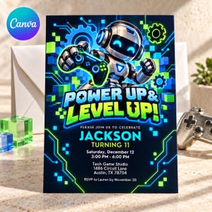 Inbjudan till spelrobotfödelsedag, inbjudan till 11-årsfest för gamer, födelsedagsinbjudan till Neon Tech-videospel