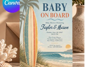 Może przedstawiać: Prostokątne zaproszenie na baby shower z ilustracją deski surfingowej, palm i fal oceanu. Tekst brzmi: BABY ON BOARD, Baby Shower Honoring Taylor & Mason, Sunday, June 20, 2027, 12:00 PM, The Coast House, 72 Ocean View Drive, San Diego, California, RSVP by June 6, Avery 619-555-0153.