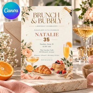 May include: A rectangular invitation card titled Brunch & Bubbly A Birthday Celebration for Natalie 35 on Sunday, June 21 at 11:30 AM at The Garden Café. The design features illustrations of flowers, a croissant, pancakes, and a mimosa.