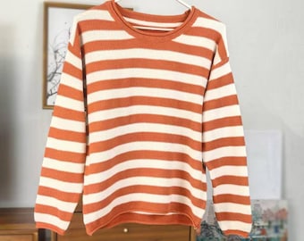 Women 100% Cotton Striped Sweater: Loose O-Neck Long Sleeve Autumn Winter Knitwear