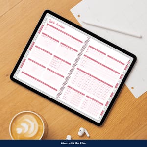May include: A digital planner with a pink and white design, open to a "Cycle Review" page. The planner is on a wooden surface, with a cup of coffee, earbuds, and a stylus nearby. The text "Glow with the Flow" is at the bottom.