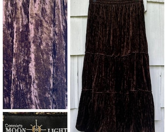 Connies Moonlight Brown Crushed Velvet Tiered Maxi Skirt Vintage Made in USA M