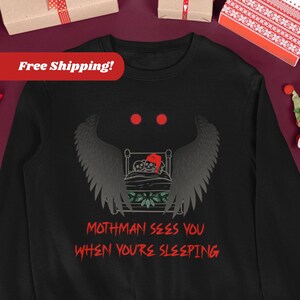 Mothman Sees You When You're Sleeping Christmas Sweatshirt, Cryptid Christmas Crewneck