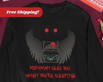 Mothman sieht dich, wenn du schläfst Weihnachten Sweatshirt, Cryptid Weihnachten Rundhalsausschnitt