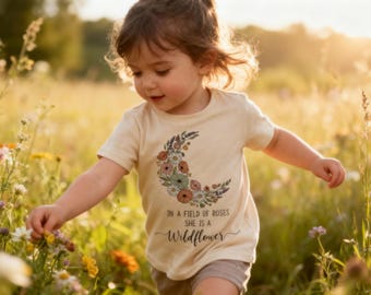 Wildflower Crescent Moon Toddler Tee - Boho Floral Kids Shirt - Neutral Girl Graphic - Neutral Baby Clothes