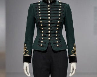 Women’s Napoleonic Military Hussar Jacket - Forest Green Victorian Braided Blazer - Steampunk Gothic Tailcoat - Vintage Historical Costume