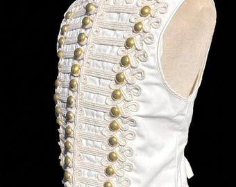White Hussar Waistcoat – Adam Ant Style Braided Frogging, Brass Buttons, New Romantic Costume