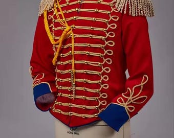 Red Military Hussar Jacket – Men’s British Parade Uniform with Gold Epaulettes & Braiding