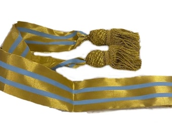 Handmade Gold Military Sash – Blue Stripes, Bullion Tassels, Napoleonic Officer Uniform Ribbon