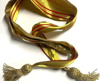 Handmade Gold Military Sash with Red Stripes & Bullion Tassels - Historical Uniform Waist Ribbon