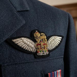 Op de afbeelding: Een donkerblauw wollen militair jasje met een opvallend geborduurd embleem op de borst. Het embleem toont een gouden leeuw bovenop een kroon met zilveren vleugels die naar buiten uitsteken, op een zwarte stoffen ondergrond.