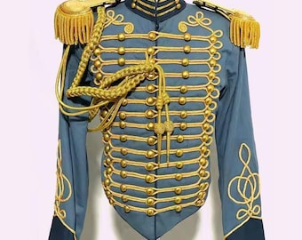 Steel Blue Military Hussar Jacket – Gold Epaulettes, Slate Grey Officer Costume