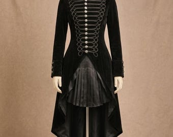 Women’s Napoleonic Hussar Tailcoat - Black Velvet Regency Military Jacket - Vintage Victorian Gothic Steampunk Costume