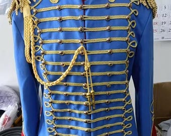 Sky Blue Military Hussar Jacket – Men’s Royal Parade Uniform with Gold Epaulettes