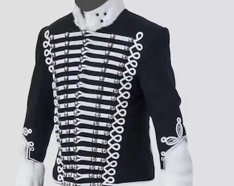 Men's Black & White Hussar Jacket – Silver Braided Military Pelisse Costume