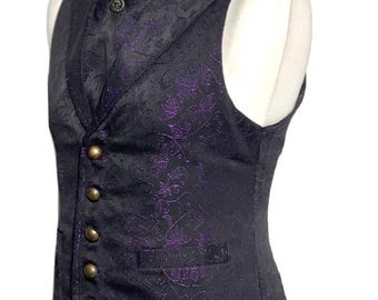 Victorian Brocade Waistcoat Set – Purple Ivy Floral Vest, Cravat, Tiepin – Steampunk Formal Attire