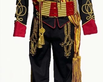 Ceremonial Hussar Officer Uniform – Black Red Dolman Jacket, Sash, Braided Trousers