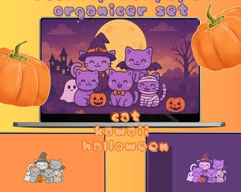 Organizador de fondos de escritorio de gato kawaii de Halloween con iconos (descarga digital)