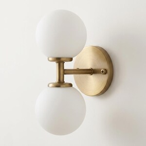 Brass Globe Wall Sconce, Modern Wall Light Fixture, Double Glass Wall Lamp, Mid Century Lighting, Minimalist Bathroom Vanity Light
