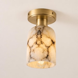 Op de afbeelding: Een plafondlamp met een messing basis en een cilindrische kap. De kap is gemaakt van crèmekleurig materiaal met donkerbruine adering. De gloeilamp is zichtbaar aan de onderkant en geeft warm licht.