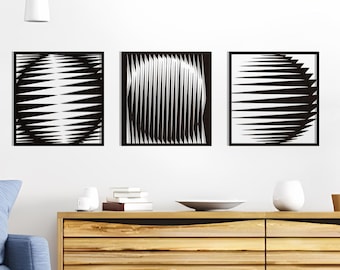 Optical Illusion Wall Panel, Minimalist Wooden Wall Art, 3d Optical Illusion Wall Hanning, Modern Abstract Panel Set of 3, 3D Sphere Design