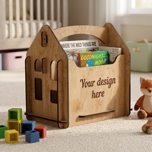 Könnte beinhalten: Ein hellbrauner Bücheraufbewahrungsbehälter aus Holz in Hausform mit einem Griff an der Oberseite. Die Seite zeigt den eingravierten Text "Your design here". Im Behälter befinden sich Kinderbücher mit den Titeln "Where the Wild Things Are" und "Goodnight Moon".