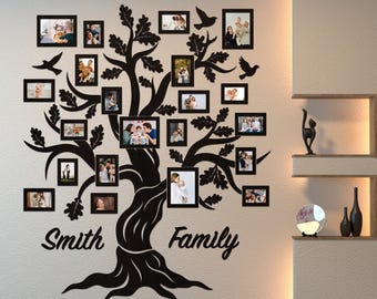 Family Tree Photo Collage, Wooden Family Tree with Frames, Family Tree Wall Art, Photo Frames Wall Collage, Big Photo Family Tree