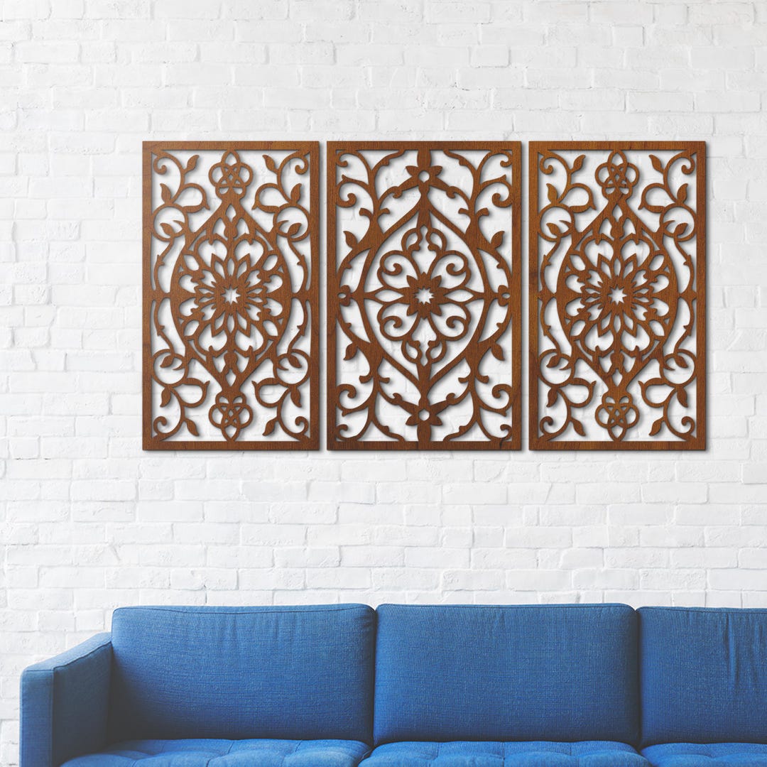 Moroccan Wood Panel Set, Arabic Wooden Wall Art, Islamic Triptych Wall ...