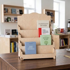以下が含まれることがあります： 4段の棚を備えた明るい色の木製ディスプレイスタンド。Scandinavian Design、Hans Christian Andersen Tales、Ecology & Life、Sigrid Undset The Wreathというタイトルの4冊の本が置かれています。スタンドの上部は曲線を描いています。