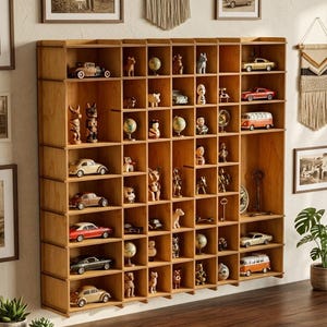 Puede incluir: Una gran estantería de madera montada en la pared con una cuadrícula de compartimentos cuadrados y rectangulares. Los estantes están llenos de varios objetos de colección pequeños, incluyendo coches de juguete en miniatura, globos terráqueos, figuras de animales y llaves decorativas.