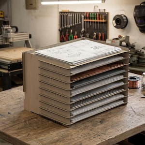 Könnte beinhalten: Ein Dokumentenorganizer aus hellem Holz mit mehreren horizontalen Ablagen zur Aufbewahrung flacher Materialien. Das Regal enthält verschiedene Papierbögen, Metallplatten und technische Zeichnungen, wobei auf der obersten Ablage ein Bauplan liegt.