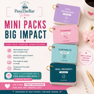 May include: An advertisement for "PassTheBar Press" mini packs for exam preparation. The image features four mini packs labeled "Civil Procedure," "Evidence," "Contracts," and "Real Property." The text highlights key features and a promotional offer.