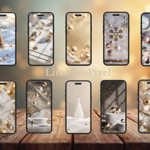 May include: A collection of ten smartphones displaying festive Christmas-themed wallpapers. The designs feature gold and white ornaments, snowflakes, and winter scenes. The phones are arranged on a wooden surface, with the text "LimitlessPixel" visible.
