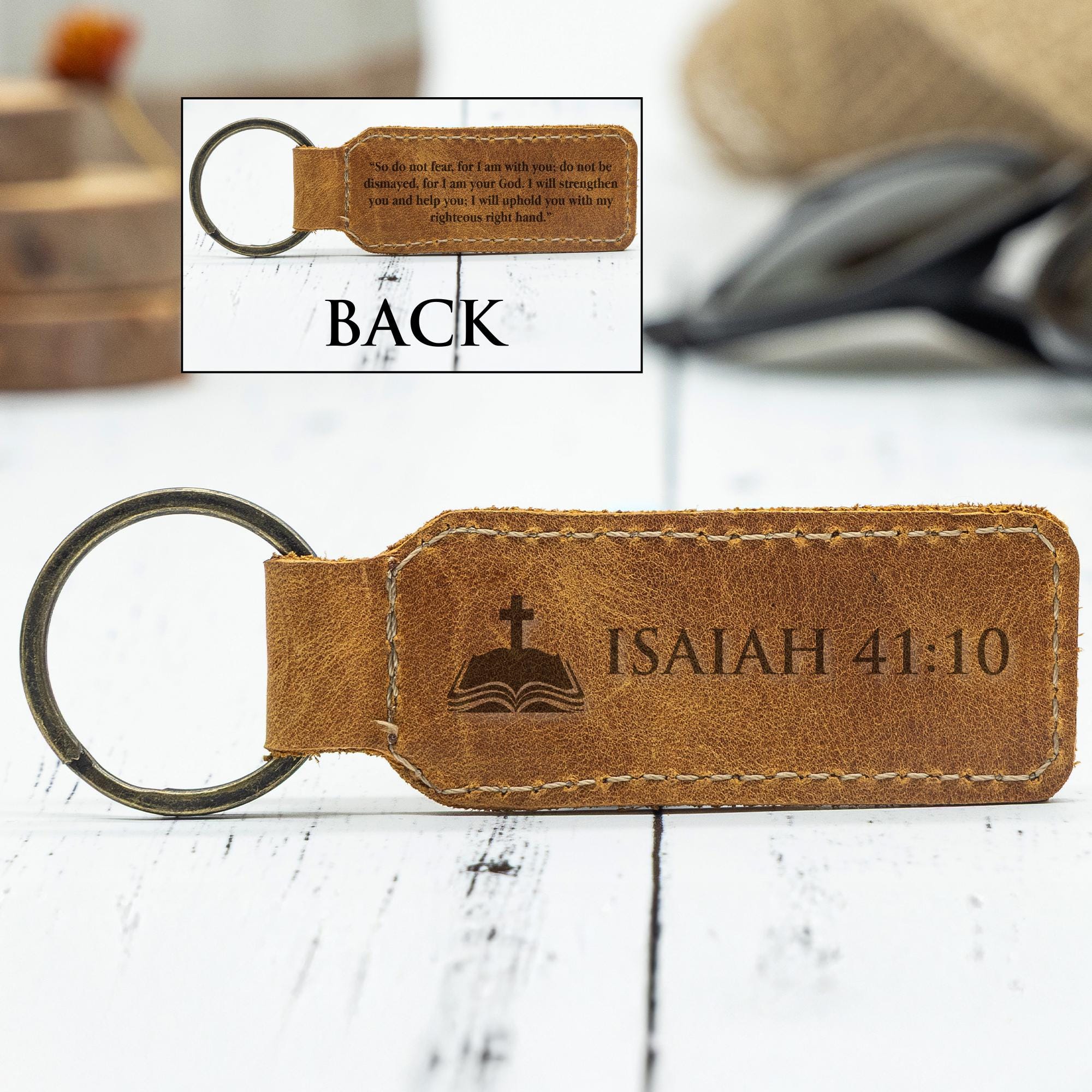 Custom Bible Verse Leather Keychain, Personalized Leather Christian ...