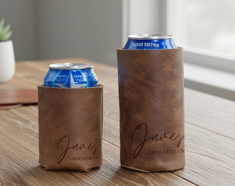 Groomsmen Leather Can Cooler, Personalized Groomsmen Beer Holder, Leather Engraved Cozies for Groomsmen, Custom Leather Cozies Gifts