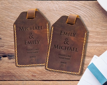 Leather Couple Anniversary Luggage Tags, Personalized His & Hers Travel Set