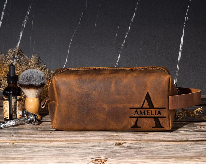 Custom Leather Dopp Kit, Personalized Toiletry Bag, Shaving Travel Organizer for Men