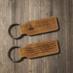 Custom Bible Verse Leather Keychain, Personalized Leather Christian Gift, Engraved Biblical Symbol Keyring